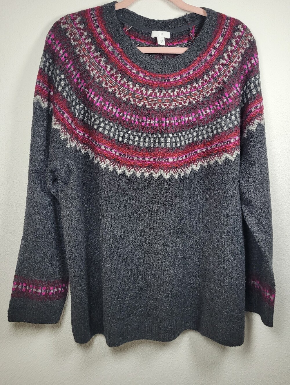 J.Jill Fair Isle Yoke Pullover Sweater Dark Charcoal Multi Pink NWT 2X Nordic